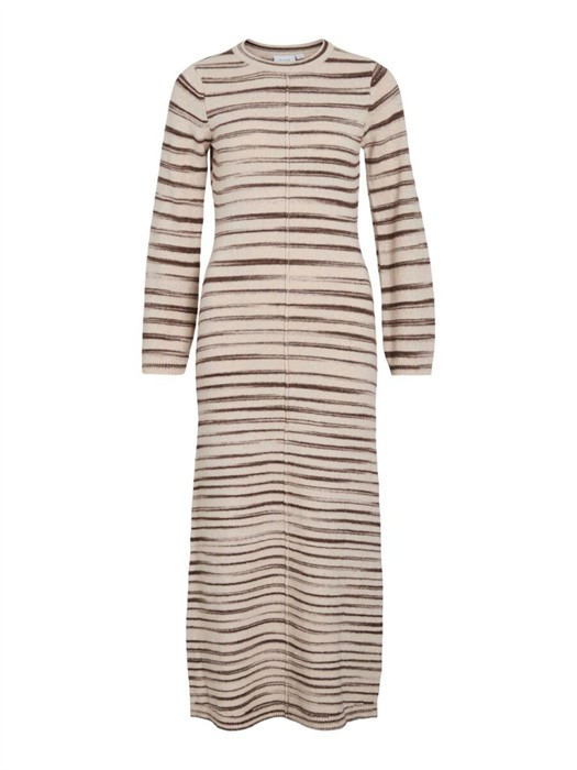 Vila - Vialania O-neck L/s Strikkjole - Beige/Mørkegrøncone - M - byKalstrup.dk