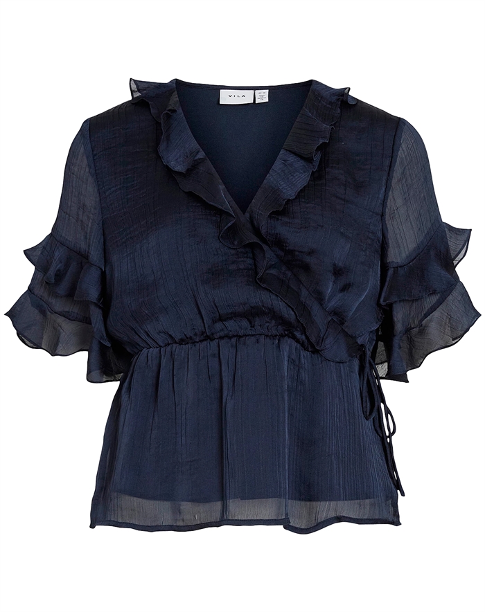 Vila - Vimolina 2/4 Flounce Wrap Bluse - Navy Blazer - byKalstrup.dk