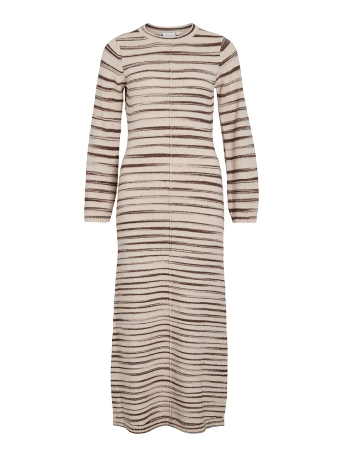 Vila - Vialaina O-neck L/s Strikkjole - Beige/Mørkegrøncone - byKalstrup.dk
